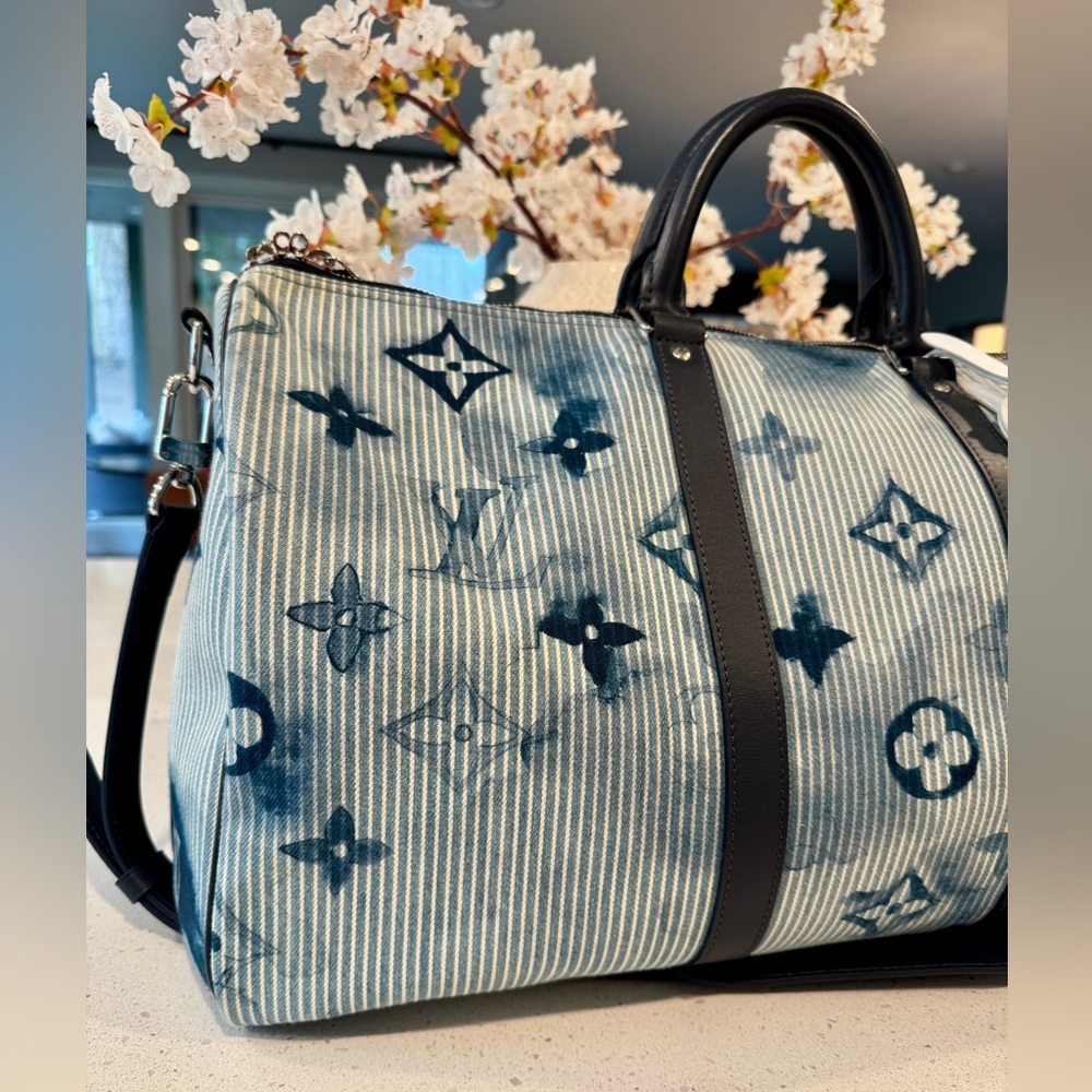 Louis Vuitton Virgil Abloh Blue Watercolor Monogram Denim Keepall Bandoulière 50 - Picture 3 of 13
